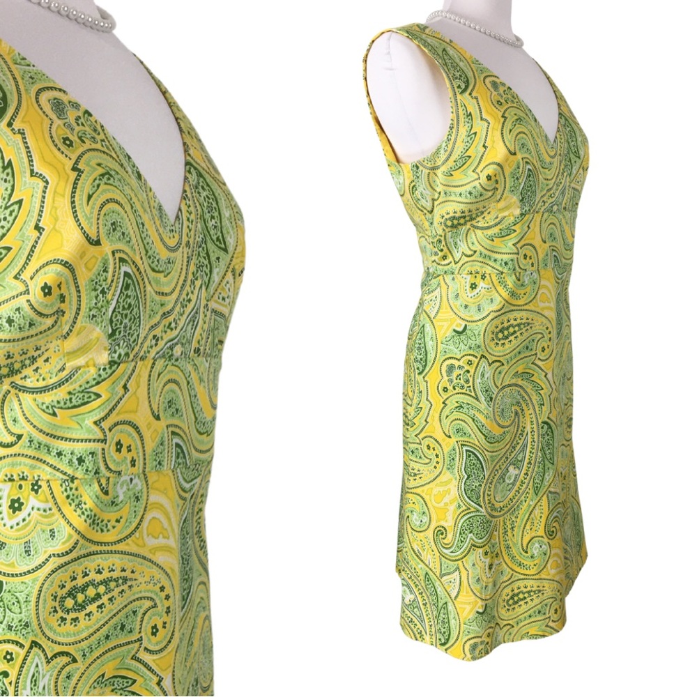 Spense Paisley Yellow and Green Cotton Surplice V-Neck Sleeveless Midi Dress 12 - Picture 3 of 16
